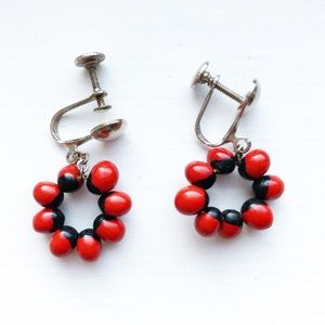 Vintage painted red & black bead drop earrings